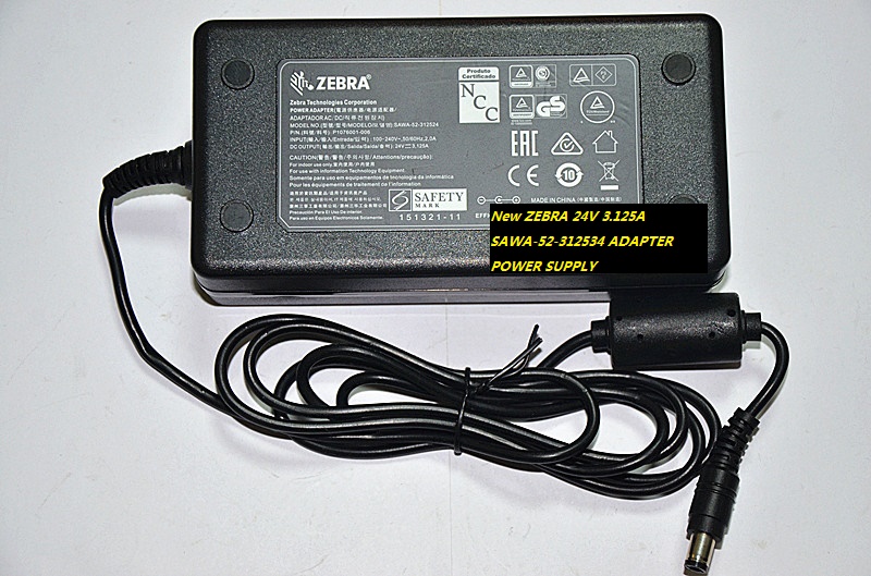 New ZEBRA 24V 3.125A ADAPTER POWER SUPPLY SAWA-52-312534 6.5*3.0